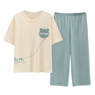 芬腾可安睡衣女夏季纯棉短袖七分裤带胸垫家居服夏天薄款休闲套装