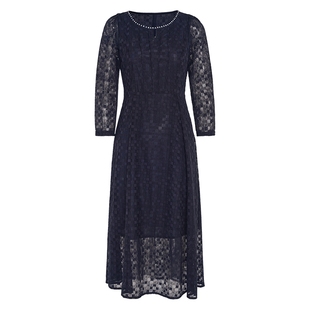 马天奴春夏新款女蓝色缝钻圆领格纹连衣裙子收坠感腰长裙长袖礼裙