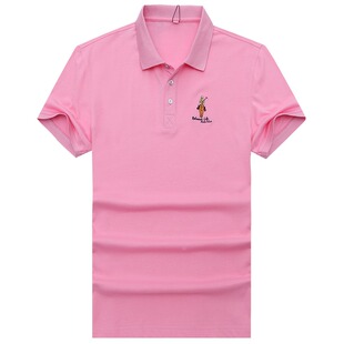 粉红色短袖T恤品牌男装翻领T丝光棉高档POLO衫有带领半袖上衣服夏