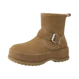 MILLIE'S/妙丽增高瘦瘦靴短靴女冬季款加绒厚底马丁靴皮带扣单靴Z