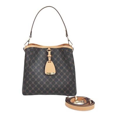 稻草人新款牛皮老花单肩水桶包