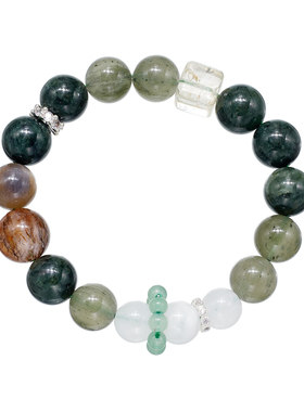 AHCHOO 黑金超手链天然白水晶绿发晶聚宝盆手串绿碧发转运珠手饰