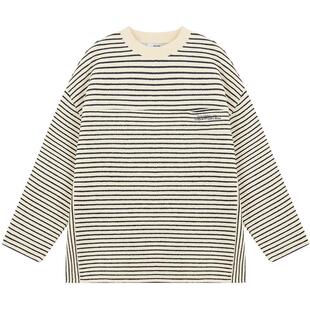 越也童装男童长袖圆领T恤经典撞色黑白细条纹上衣秋季新品洋气潮