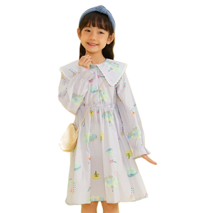 美特斯邦威童装女童大翻领印花连衣裙春春新款儿童全棉高腰A型
