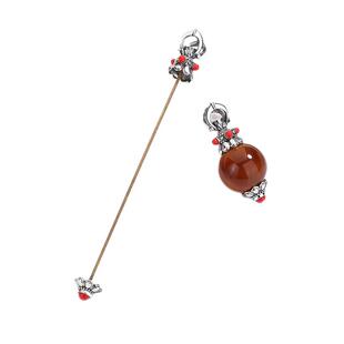 藏文化S925纯银色天珠吊坠空托架扣头镶嵌圆形绿松石桶珠长度90mm