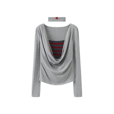 西町村屋假两件针织衫女2026春拼接长袖小衫含项圈装饰XQBA10362