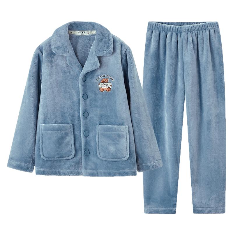 千线艺男童睡衣珊瑚绒儿童冬加厚玉兔绒保暖16岁青少年家居服套装