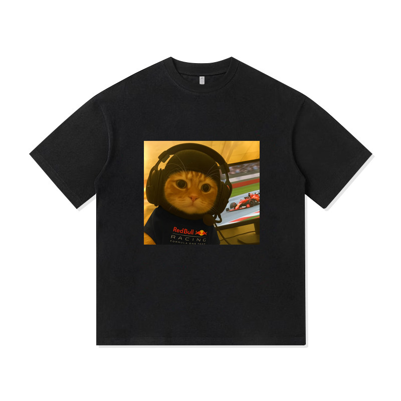 红牛F1车队小猫联动比赛车服哈基米美式纯棉短袖T恤男装宽松休闲