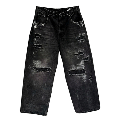 美式高街vibe黑色破洞阔腿牛仔裤