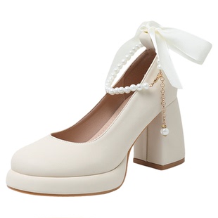 玛丽珍女鞋2026春秋新款气质高跟小皮鞋配裙子蝴蝶结珍珠粗跟单鞋