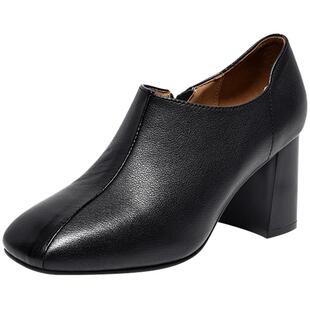 2025新款女士法式气质方头高跟鞋软皮粗跟深口单鞋秋冬时尚真皮鞋