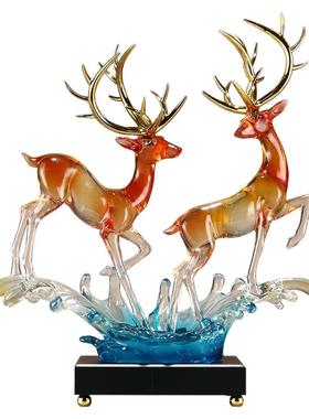 一路有你玄关水晶双鹿桌面家居好物摆件客厅轻奢高档乔迁新居礼物