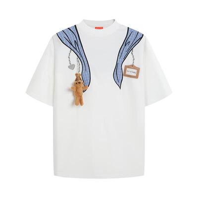 假两件链条挂玩偶短袖套头T恤衫