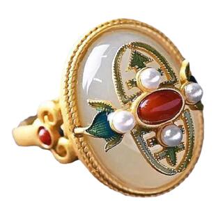 925银珐琅镶珍珠南红玛瑙戒指宫廷风古典气质和田玉祥云开口指环