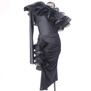 拉丁舞半身裙女新款开叉包臀修身褶皱荷叶边伦巴表演练功服S18034