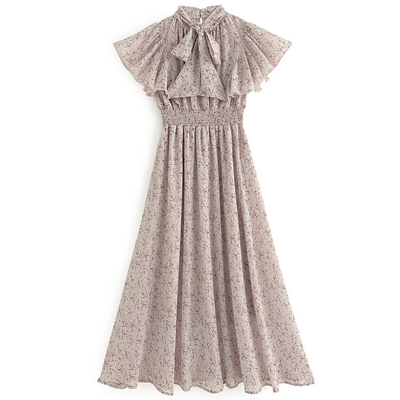 日系碎花蝴蝶结系带连衣裙