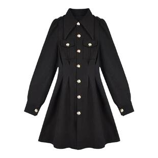 大码胖mm赫本风高级感黑色翻领收腰毛呢连衣裙女秋冬显瘦西装裙子