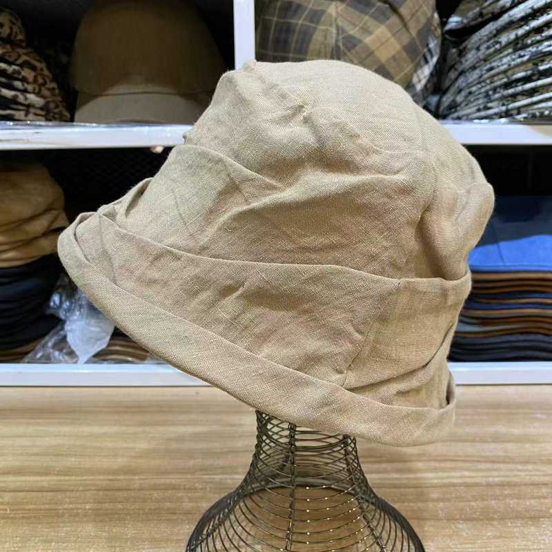 新款日系亚麻褶皱平顶脸显小水桶透气帽渔夫帽时髦盆中年女边卷帽