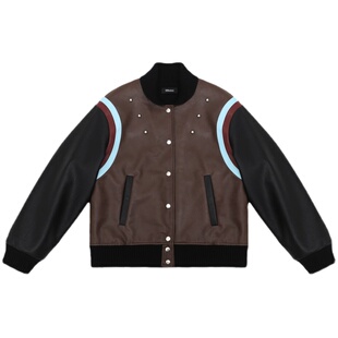 98ossi* aw23秋冬棕色拼色皮衣铆钉装饰内里加绒外套夹克