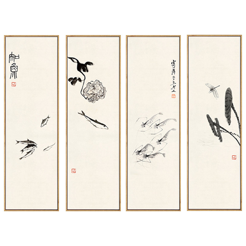 新中式齐白石水墨竖版四联幅国画装饰画茶室趣味禅意挂画背景墙画