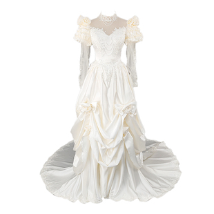 法式古董气质婚纱新娘高级感缎面复古经典拍照长袖写真摄影礼服