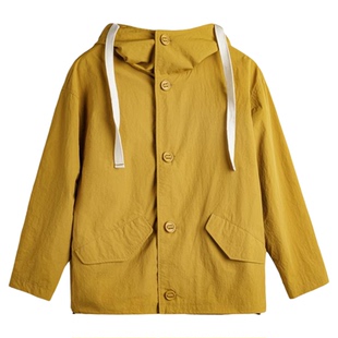 马登姜黄色户外薄款宽松梭织连帽抽绳防风工装夹克休闲外套女士春