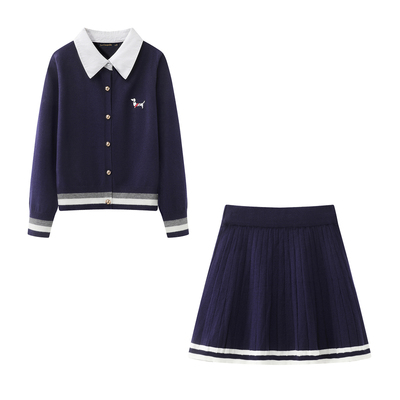 拉夏贝尔/La Chapelle学院风假俩件刺绣针织衫百褶半身裙俩件套女