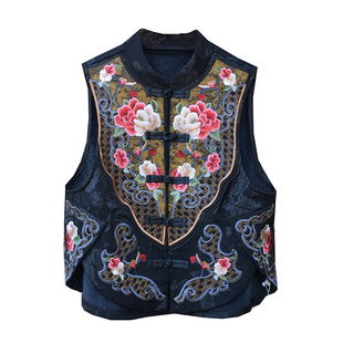 2025秋冬加绒国风重工刺绣花马夹短裤马甲复古盘扣背心立领坎肩
