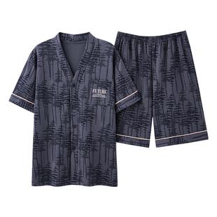 睡衣男士夏季纯棉短袖开衫休闲套装夏天男生青少年简约宽松家居服