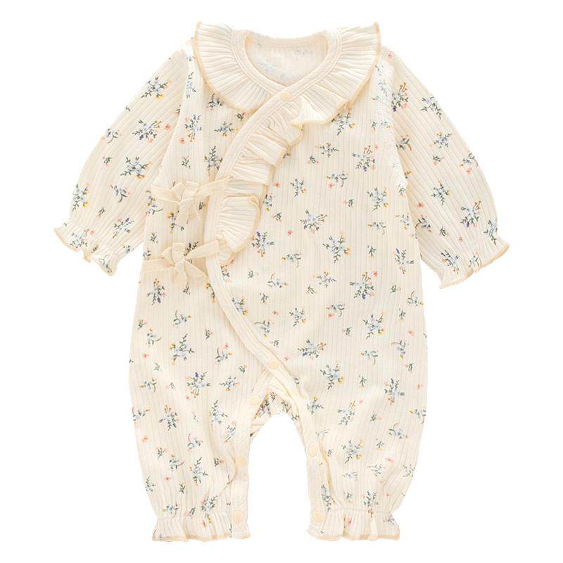 婴儿早秋衣服连体衣秋a类女宝宝公主小碎花百天满月宴套装小月龄