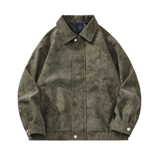 男士美式翻领皮衣外套男夏季潮男装2025新款复古机车夹克绿色上衣