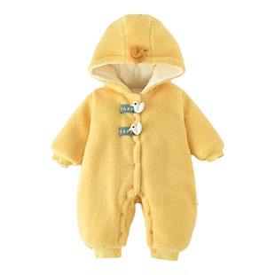 0-2岁260g秋冬加绒连体超萌新生儿宝宝外出服毛毛哈衣加厚爬服