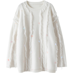 萦绕于心!加厚手工亮片100%山羊绒衫女圆领纯羊绒毛衣毛絮宽松冬