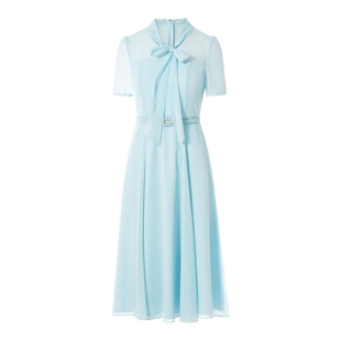 朗姿集团LIME莱茵蝴蝶结飘带领收腰大伞摆银丝雪纺纱连衣裙