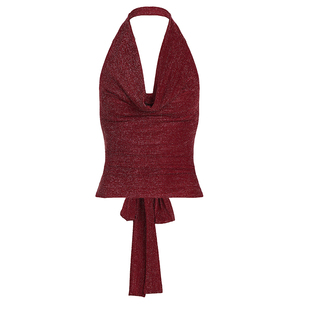 DARLINGAGA欧美辣妹红色细闪荡领挂脖背心女修身性感无袖露背上衣