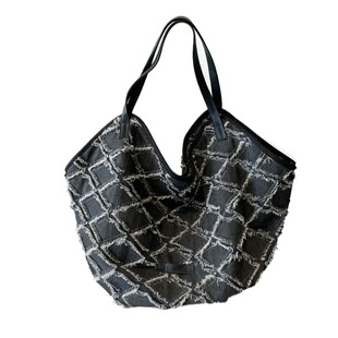 YAU大树 菱格牛仔单肩包大容量购物袋休闲百搭包包潮酷托特包简约