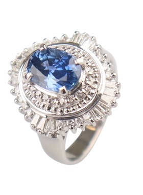 中古95新日本进口商品椭圆型切工蓝宝石群镶钻石铂金90050号戒指