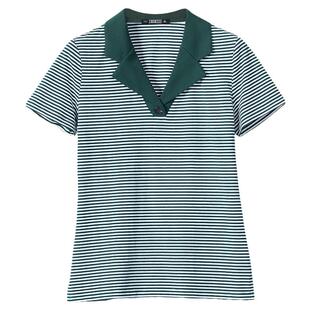 黑白蓝白细条纹短袖t恤女V领大码修身夏季女装纯棉半袖小翻领上衣