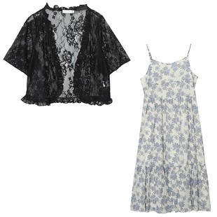 温柔风甜美碎花气质打揽鱼尾摆吊带连衣裙胖莹莹大码女装蕾丝开衫