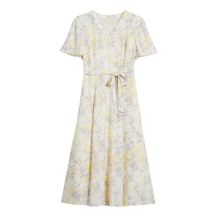 【木兰花系列】YINER音儿秋季女装优雅V领桑蚕丝印花真丝连衣裙