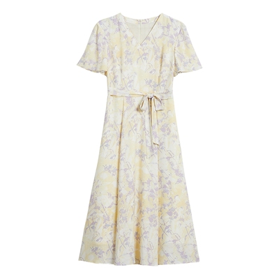 【木兰花系列】YINER音儿秋季女装优雅V领桑蚕丝印花真丝连衣裙