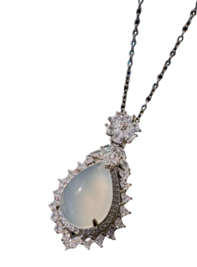 新中式 水沫玉玻璃种水滴宝石项链 水灵水灵 白玉髓蛋面玛瑙耳环