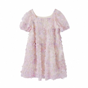 春夏立体感方领泡泡袖花瓣短袖连衣裙女款礼盒装花色约会派对礼服