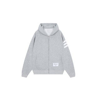 美式复古灰色卫衣开衫女初春季条纹拼接连帽衫外套宽松慵懒风上衣