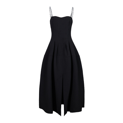 珠吊带开衩黑色连衣裙