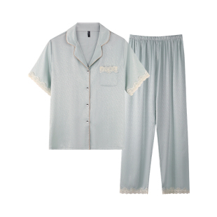 七色纺真丝睡衣女款2025年新款夏季薄款宽松短袖长裤两件套家居服