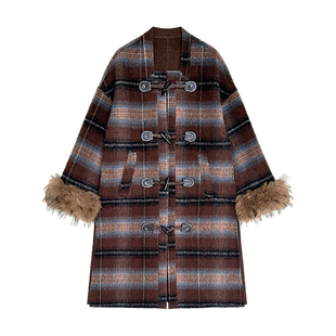 【山间积雪】汉元素方领格子大衣 羊驼长毛双面呢 可拆毛毛送围脖