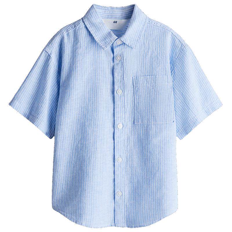HM童装儿童男童衬衫夏季短袖条纹翻领亚麻混纺衬衫1274056