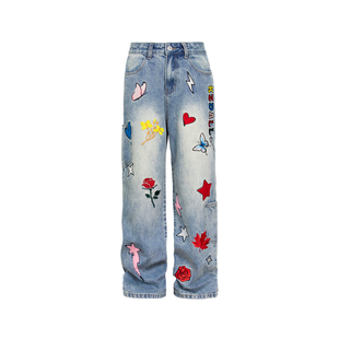 KZDALL原创设计多巴胺刺绣牛仔裤美式街头宽松多口袋直筒长裤男女