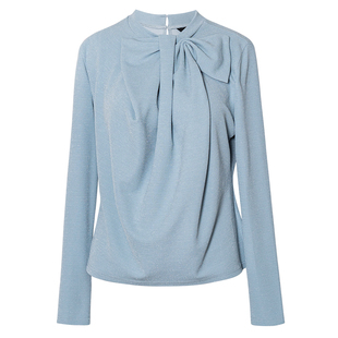 罗衣设计感蝴蝶结衬衫女早春百搭打底蓝色修身OL长袖针织衫12691